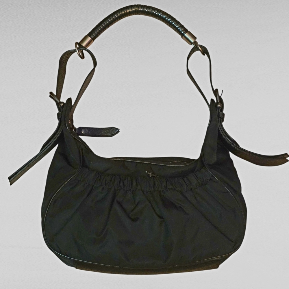 Burberry Rare Black Nylon Shoulder Bag Red Interior Whipstitch Strap Leather